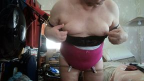GIRDLED GAY BOY - just panties, girdle and tits, no boner