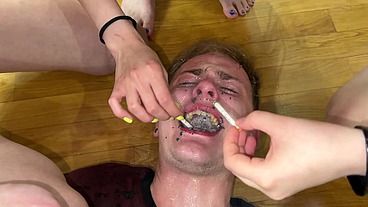 Spitting In Mouth And Human Ashtray Triple Femdom With Goddesses In Latex