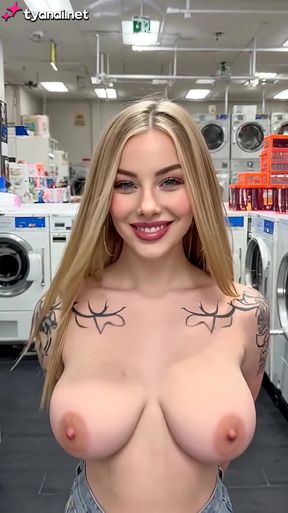 Blonde woman in a laundromat