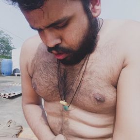 Horny big dick indian boy was playing her cock on terrace
