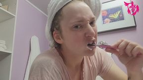 Brushing teeth and putting on cream with hair in white towel