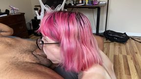 petite pink haired trans cutie gets facefucked then drains huge cock