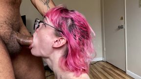 petite pink haired trans cutie gets facefucked then drains huge cock