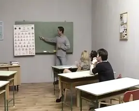 Student GFs get double-fucked by a teacher and a student