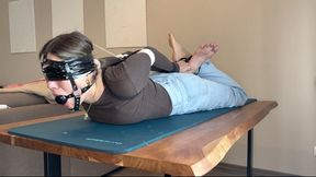 Drooling in strict hogtie - crossed feet