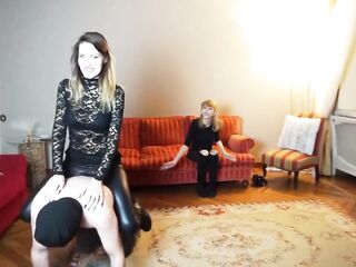 2 femdom hotties using their serf as a furniture