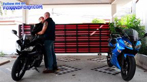 Doggystyle sex on the parking with hot shorthair Biker girl, creampie her wet pussy and cum eating