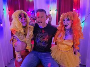 Cock crazed clowns spitroast threesome