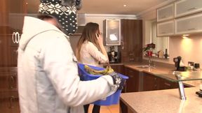 Horny wife gets pounded hard in the kitchen by her big cock fucker