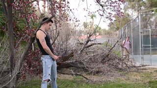 Tattooed dude and a nerdy lad banging in the woods