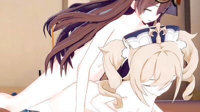 Futanari babe with huge tits bends blonde girlfriend over & fucks her hard in POV