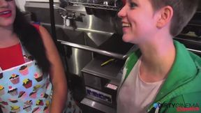 Dominant boss fucks lesbian employee in the bakery