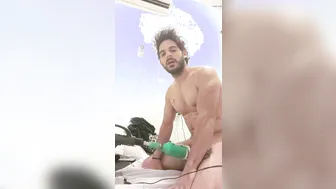 Muscular tattooed stud pumps his fat cock with a sex toy until he moans and cums hard