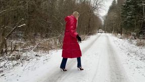 High heels mules on ice, high heels on ice, high heels in snow, girl walking on high heels on ice, slippery high heels