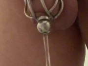 Caged sissy slave pee through urethral plug