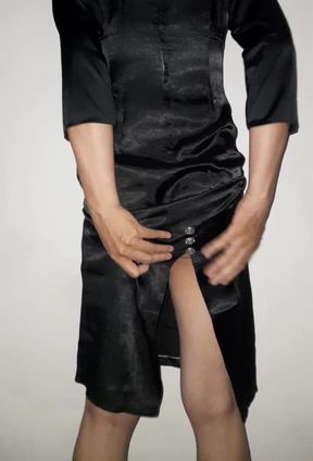 Asian Crossdresser Wearing Satin Black Long Dress