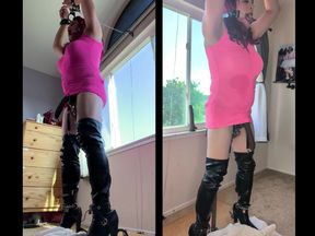 Sissy Locked in Chastity and in Bondage on Her Post with a Huge Dildo