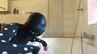 Twink in latex mask gets deepthroat training with ring gag