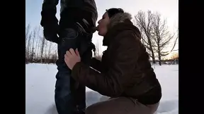 Hot wife sucks husband's cock in the snow