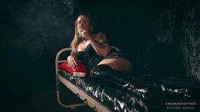 Smoking in black lingerie