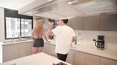 My stepdaughter catches me fucking her boyfriend in the kitchen and asks me for a bisexual threesome!