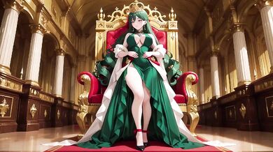 Green Queen melts on golden throne as her emerald gown barely covers the goddess drop