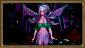 Young virgin fairy with long hair dancing sensually in a fantasy forest
