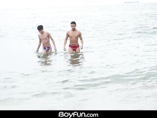 Beautiful bareback twink lads flip screwing after a sexy afternoon at the beach!