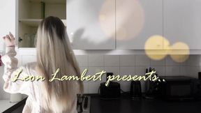 Amazingly beautiful petite blonde hot college girl in her dormitory kitchen getting ready for Christmas Party