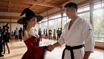 Sexy witch gets fucked by a big-dicked karate teacher (AI-generated video)