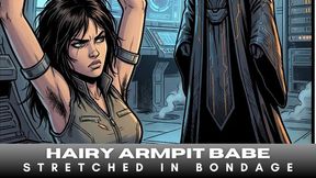 A sexy space captain woman with bushy hairy armpits is captured in tight bondage as she is stretched in BDSM by evil alien master