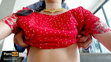 South Asian beauty in red saree takes him deep at home