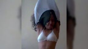 Curly Indian babe with svelte sexy body strips for me