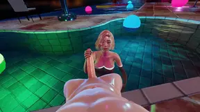 Hot pink-haired Hitomi gets POV blowjob in pool