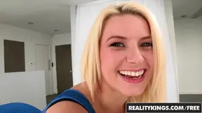 Sexy blonde teen Anikka Albrite gets on the kitchen table