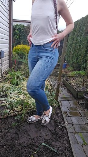 Muddy White Mocs and Jeans Pee