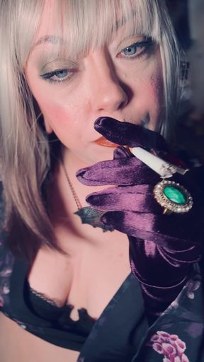 BBW Smoker Tina Snua Wears Purple Satin Gloves &amp; Jewellery &amp; Tip To Tail 2 Cigarettes - Domme Smoking BBW OMI OME   Clip 1