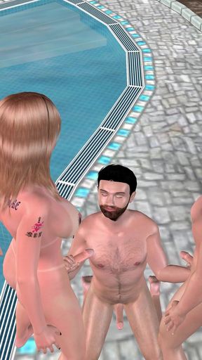 Animated 3D Threesome Shemale Porn - Handsome Man Sucked and Fucked Near Swimming Pool