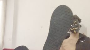 Slave totally cleans dirty flip flops with his tongue