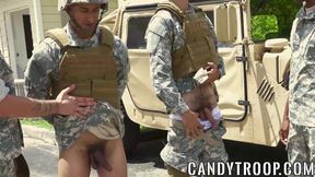 Military guys in an interracial outdoor gay orgy