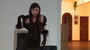 Horny brunette slut and her gloves make him cum