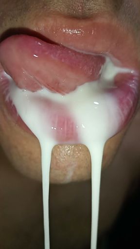 Cum in my mouth, six pack, I play with your cum, and I swallow it, close-up, gay naughty, tongue, sloopy   Clip 1