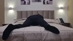 Skinny exhibitionist girl in elegant black dress jerks off with a big wet cock close-up