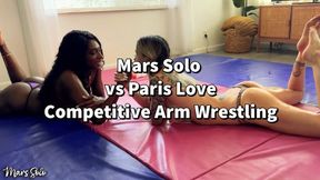 COMPETITIVE ARM WRESTLING: PARIS LOVE VS MARS SOLO - oil, topless, micro bikini, pigtails, biceps, strong women, muscular women, girl girl, blonde, fake tits, ebony, interracial