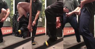Solo guy jerks off in fitting room mirror while trying on jock pants till he sprays floor