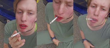 Cute Ladyboy Smokes and Chokes on Her Own Load in Public