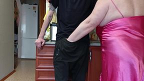 Stepmom in the kitchen sucks cock, jerks it off and watches cum