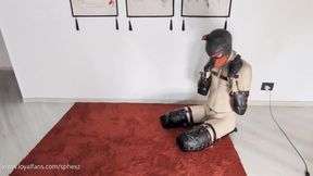 Desperate puppy cums humping boots in chastity and then gives a blowjob