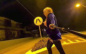 Bimbo sissy slut flashing by busy road (gets seen)