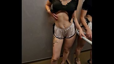 Blonde babe's mouth gets covered in cum in a hotel elevator